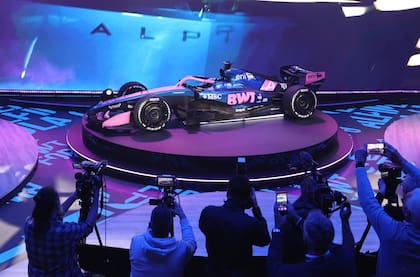 The Alpine F1 car is unveiled on stage during the presentation of Alpine season on January 23, 2026 in Barcelona. (Photo by Josep LAGO / AFP)