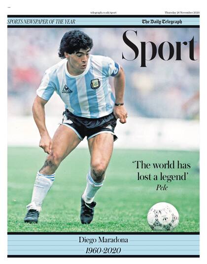 The Daily Telegraph rescata una foto de Maradona en su Mundial, el de México 86. Y una frase de Pelé, quizás uno de los mayores antagonistas de Diego. "El mundo ha perdido una leyenda". 