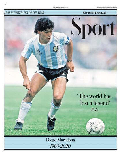 The Daily Telegraph rescata una foto de Maradona en su Mundial, el de México 86. Y una frase de Pelé, quizás uno de los mayores antagonistas de Diego. "El mundo ha perdido una leyenda".