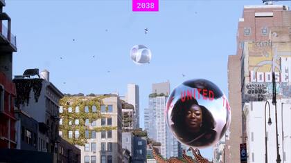 The New Serenity, instalación del colectivo interdisciplinario 2038 exhibida en el Pabellón Alemán en la 17a Bienal de Arquitectura de Venecia