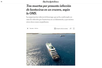 The New York Times fue uno de los tantos medios a nivel internacional que dio cobertura al brote de hantavirus que surgió a bordo de un crucero que partió desde la Argentina