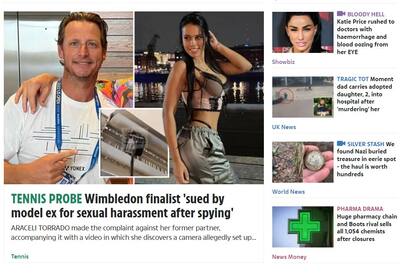 The Sun tituló “Finalista de Wimbledon demandado por ex modelo por acoso sexual después de espiarla en su casa con cámaras ocultas”