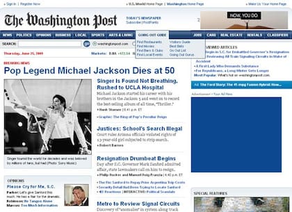 La noticia de la muerte de Michael Jackson, en el sitio de The Washington Post, luego de su traslado de urgencia al hospital UCLA de Los Angeles