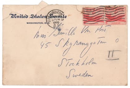 This photo shows an envelope that John F. Kennedy addressed to a Swedish paramour a few years after he married Jacqueline Bouvier, according to Boston-based RR Auction. The auction house says Kennedy wrote letters to aristocrat Gunilla von Post in 1955 and 1956, and announced, Wednesday, May 5, 2021, that they will be going up for auction. (Nikki Brickett/ RR Auction via AP)