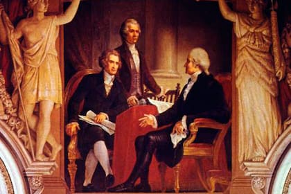 Thomas Jefferson (secretario de Estado), Alexander Hamilton (secretario del Tesoro) y George Washington (presidente) en una pintura de Constantino Brumidi