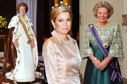 La tiara de perlas con brillantes es una de las más significativas de la colección Orange porque Beatriz la llevó cuando fue proclamada reina, en 1980 (izquierda). Es una de sus favoritas y Máxima la lució durante un concierto que el sultán de Brunei ofreció en honor a su suegra en enero de 2013.