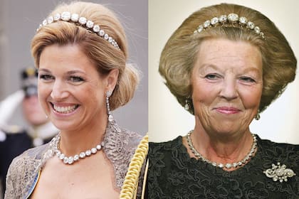 La tiara diamantes rosas o tiara bandeau de chatones, "corona" a Máxima y a Beatriz. La piedra central, ligeramente ovalada, pesa doce quilates y la pieza, en total, sobrepasa los cien quilates.