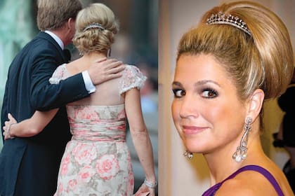 La primera vez que Máxima la usó fue en la víspera de la boda de Victoria de Suecia como broche de pelo (izquierda). Después, en su último viaje de Estado como princesa, en enero de 2013, la lució como diadema.