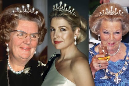 La reina Juliana, Máxima y la reina Beatriz, con la tiara de las siete perlas, una de las piezas más antiguas de la Casa Orange, que perteneció a Anna Pavlovna, nacida princesa de Rusia.