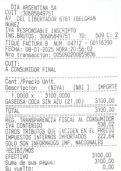 Ticket del supermercado Día, con los impuestos nacionales detallados. Fuente: ONG Lógica
