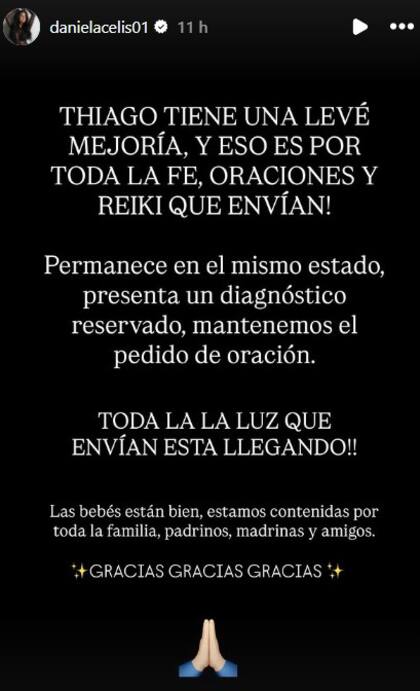 "Tiene una leve mejoría y eso es por toda la fe, oraciones y reikis que envían", afirmó Celis (Fuente: Instagram / @danielacelis01)