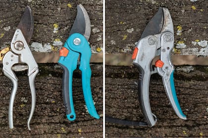 Tijera deslizante o by-pass (izquierda), de cuchilla curva (al medio) y de yunque o de cizalla (derecha).