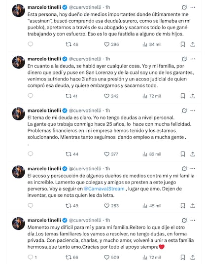 Tinelli calificó al responsable de la situación como un “usurero” y “dueño de medios importantes” (X: @cuervotinelli)