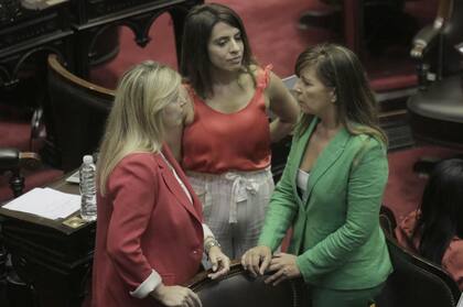 Victoria Donda (Somos), Gabriela Cerruti (FpV) y Cristina Alvarez Rodríguez (FpV) en la previa de la sesión