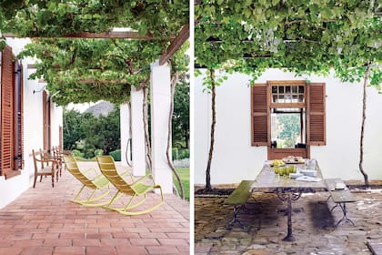 Todas las ventanas de la casa están protegidas por pérgolas de madera que sirven de apoyo a las parras, un guiño a una de las actividades más importantes de Babylonstoren.