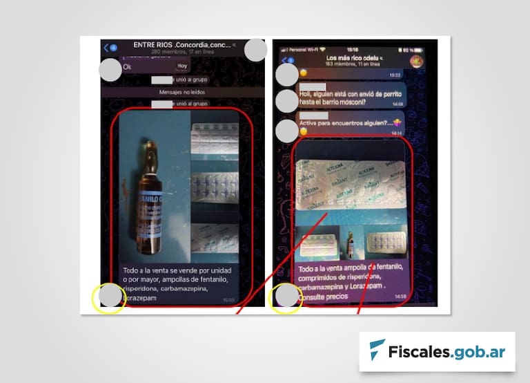 "Todo a la venta", los chats de Telegram donde el imputado publicaba con fotografías la oferta de fentanilo y psicofármacos