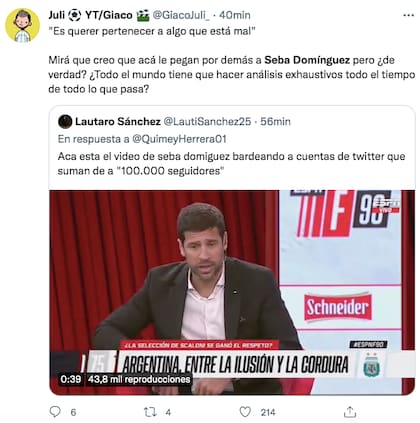 "¿Todo el mundo tiene que hacer análisis exhaustivos todo el tiempo de lo que pasa", se preguntó el periodista Julián Giacobbe sobre la fuerte reflexión de Sebastían Domínguez acerca del exitismo en torno a la selección argentina