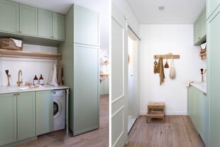 Todos los aparatos y electrodomésticos quedan detrás de las puertas. Los muebles son laqueados (Canale & Poisson) y pintados en tono verde ‘Softened Green’ (Sherwin Williams).