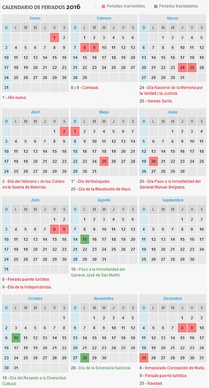 Todos los feriados de 2016