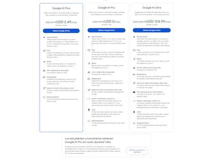 Todos los planes de Google para acceder a la versión más avanzada de Gemini; el nuevo Google AI Plus (5 dólares mensuales); el estándar Google AI Pro (20 dólares mensuales), gratis por un año para estudiantes universitarios; y el Google AI Ultra (250 dólares mensuales)