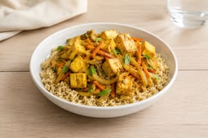 Tofu al curry suave con arroz integral