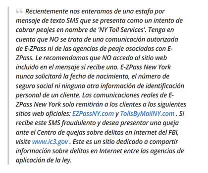 Tolls by Mail publicó este aviso de alerta de estafa en su web (Imagen de cbs6albany.com)