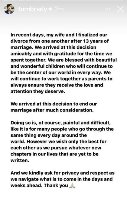 Tom Brady confirmó su separación de Gisele Bündchen