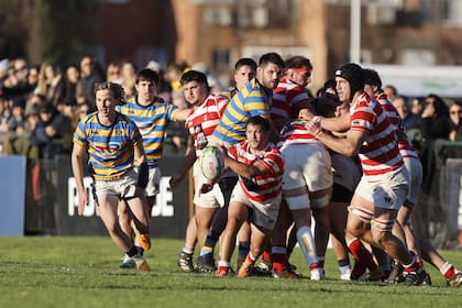 Tomás Passerotti abre la pelota después de un scrum, ante las miradas de Lucas Fernández Miranda, Juan Comolli y Manuel Mora.