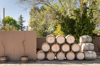 Toneles de vino en los patios de Bodega Lagarde