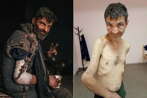 TOPSHOT - This combination picture shows a file handout photograph released by the Azov regiment on May 11, 2022 of Ukrainian serviceman Mykhailo Dianov gesturing inside the Azovstal iron and steel works factory in eastern Mariupol (L) and a handout photograph released by Security Service of Ukraine on September 22, 2022 of Ukrainian serviceman Mykhailo Dianov gesturing after his release as part of a mass prisoner of war exchange in Chernigiv region (R) amid the Russian military invasion of Ukraine. (Photo by Handout / various sources / AFP) / RESTRICTED TO EDITORIAL USE - MANDATORY CREDIT "AFP PHOTO / HO / AZOV SPECIAL FORCES REGIMENT OF UKRAINE / HO / SECURITY SERVICE OF UKRAINE" - NO MARKETING NO ADVERTISING CAMPAIGNS - DISTRIBUTED AS A SERVICE TO CLIENTS