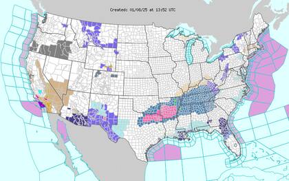 Tormenta invernal en el sureste de EE. UU.: el NWS emitió advertencias para estados como Texas, Luisiana y Arkansas, con acumulaciones de nieve que podrían superar los 7 centímetros