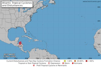 Tormenta Sara se localizó a 45 km al suroeste de la Isla de Guanaja, Honduras, con vientos máximos de 85 km/h.