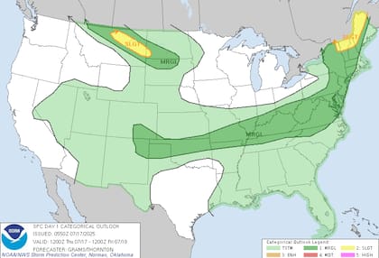 Tormentas alineadas paralelamente al frente frío descargarán lluvias recurrentes sobre los Apalaches, valle de Ohio y Planicies del Sur, con acumulaciones que podrían saturar suelos ya anegados y desbordar cauces menores