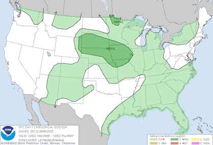Tormentas severas con ráfagas de más de 90 km/h, granizo y posiblemente tornados aislados afectarán las Llanuras del norte y el Valle del Mississippi, según el Centro de Predicción de Tormentas