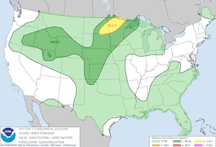 Tormentas severas en el Medio Oeste: el SPC emitió alerta por ráfagas dañinas y granizo en Dakota del Norte y Minnesota
