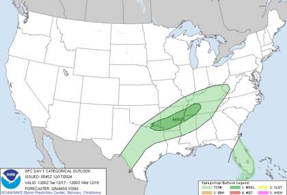 Tormentas severas podrán registrarse en el valle bajo del Mississippi, con lluvias localmente intensas