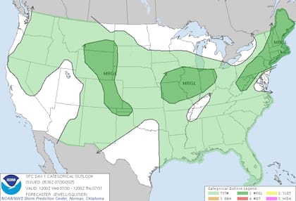Tormentas severas y lluvias torrenciales en el centro: las Grandes Llanuras y el valle del Mississippi enfrentarán inundaciones repentinas, granizo y ráfagas de viento debido a un frente frío combinado con alta humedad,