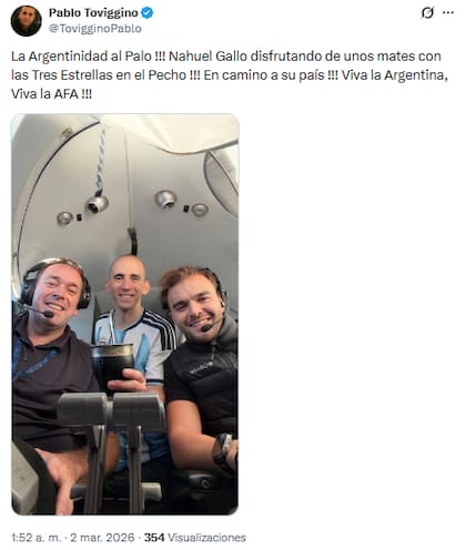 Toviggino publicó una foto de Nahuel Gallo en el avión que lo trae a la Argentina