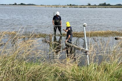 Trabajadores de la Cooperativa eléctrica local mientras realizan las tareas en medio del agua