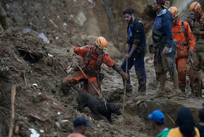 Trabajadores de rescate con un perro rastreador buscan víctimas en una zona afectada por deslizamientos de tierra en Petrópolis, Brasil, el miércoles 16 de febrero de 2022. 