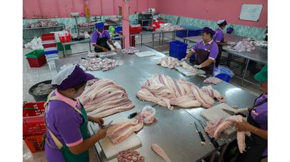 Trabajadores procesan carne de cocodrilo en un matadero en las afueras de Bangkok