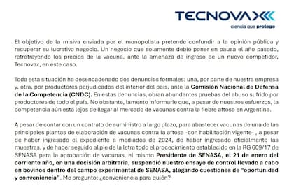 Tramo de la carta donde Tecnovax embiste contra el Senasa