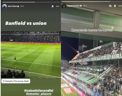 Tras confirmar la relación, el exfutbolista y la modelo fueron a la cancha a ver el partido de Banfield y Unión (Foto: Instagram @daricvitaok / @figueirasivana)