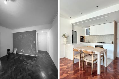 Tras demoler el muro, la sectorización está marcada por la isla-mesa y la diferencia de pisos. Reemplazaron las piezas faltantes del parquet y lo hidrolaquearon). Para la cocina, eligieron porcelanato 'Antico Ivory' (VITE). Spots embutidos (Eurolamp).