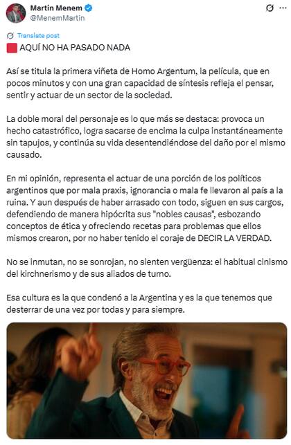 Tras el estreno y la polémica de Homo Argentum, Martín Menem opinó (X: @MenemMartin)