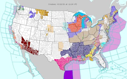 Tras el paso del frente, una masa de aire de origen polar provocará un desplome térmico drástico. En la madrugada del martes, se esperan sensaciones térmicas bajo cero en regiones tan al sur como el Panhandle de Florida y la costa del Golfo