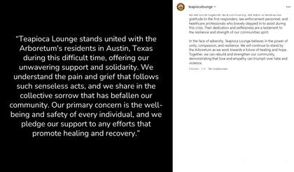 Tras el tiroteo, Teapioca Lounge emitió un comunicado a través de sus redes sociales