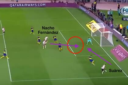 Tras la pared entre Nacho Fernández y Suárez, llegó el centro atrás y la definición del volante atacando el primer palo