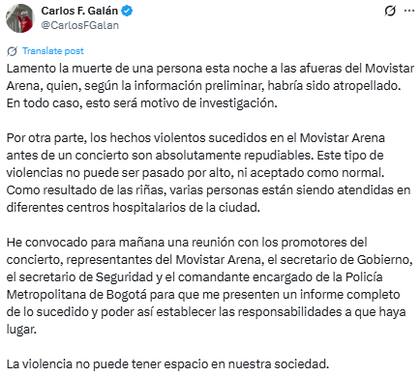 Tras los incidentes, el alcalde de Bogotá condenó la violencia y prometió una investigación exhaustiva para determinar responsabilidades (X: @CarlosFGalan)