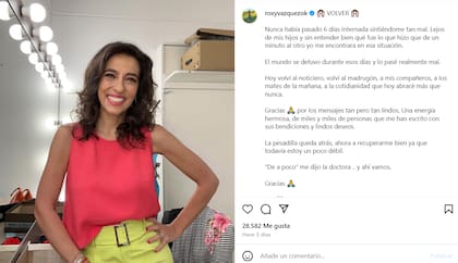 Tras recuperarse de su primera internación Roxy Vázquez agradeció los mensajes de sus seguidores en Instagram